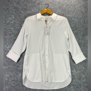 Chicos Women’s No Iron Stretch Casual Tunic Size 12 2 Optic White Button Front